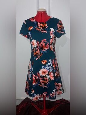 Vince Camuto Teal Floral Fit-and-Flare Mini Dress size ze 6